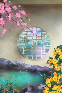 中式园林景繁花映窗景