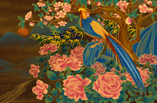 花鸟图中绘繁花与灵鸟