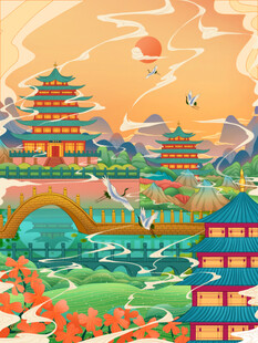 古风中式建筑景观插画