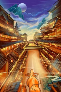 梦幻古风街巷夜景图