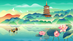 湖畔古塔美景