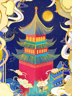 古风月夜下的楼阁美景