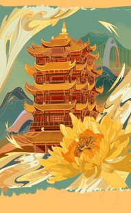 古风楼阁旁绽放的金黄花朵
