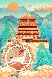 古风山水间的楼阁瑞兽图