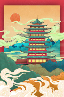 古风宝塔山水日出美景