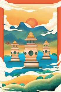中式山水古塔插画风景