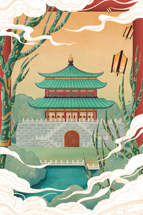 冬日古风建筑雪景图