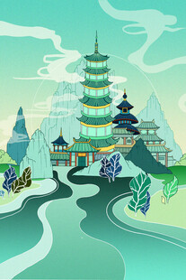 中式山水古建筑优美景观