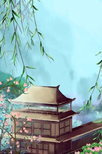 古风楼阁伴垂柳繁花