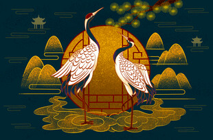 中式双鹤祥瑞插画图案