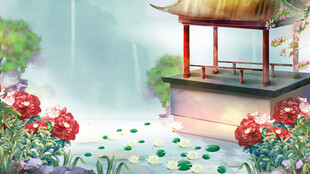 雨中亭景繁花点缀