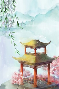 水墨中式亭阁山水景致