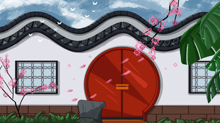 中式庭院红门与繁花