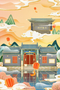 古风中式建筑山水美景图
