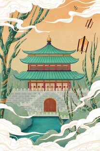 古风中式建筑雪景图
