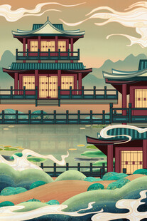 古风楼阁临湖美景