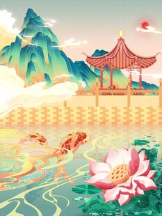 中式山水荷塘亭阁美景