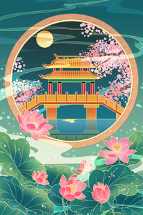 月夜中式亭台荷花美景