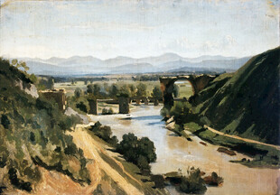 河畔山川风景油画