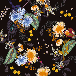 黑色背景下的花鸟花卉图案