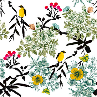 花鸟植物水彩插画图案