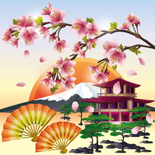 日式美景樱花富士与古建