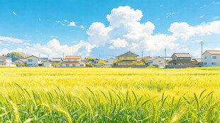 金黄稻田与远处村落美景
