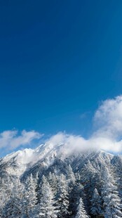 雪覆山林与蓝天美景