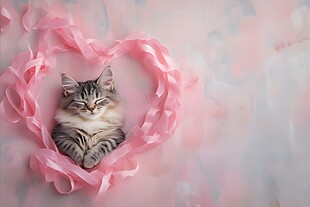 心形丝带环绕的可爱猫咪