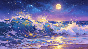 月夜下的汹涌海浪插画图片