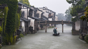 江南水乡小船穿行的景致