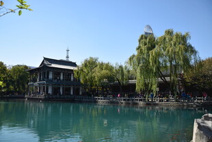 湖畔古建碧水垂柳之景