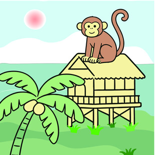 猴子在热带小屋屋顶