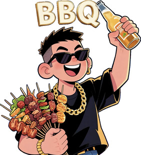 欢乐烧烤小哥举啤酒