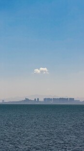 辽阔海面与远处城市天际线