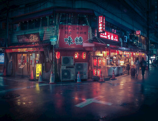 雨夜霓虹下的热闹街边小店