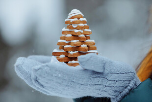 手捧雪景中的积木小圣诞树