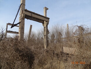 废弃水泥架立于荒野杂草间