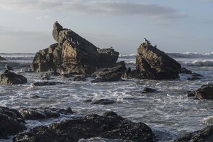 海边嶙峋礁石与翻涌海浪