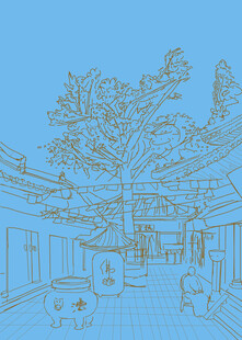 手绘庭院景观线稿图