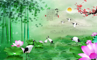 荷塘仙鹤竹林诗意美景