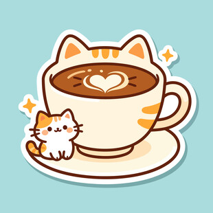 猫咪与爱心咖啡杯贴纸