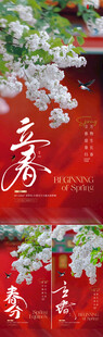 地产立春春分红墙瓦砾花卉海报