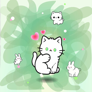 手绘可爱猫咪与小兔的梦幻场景