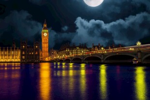 伦敦夜景中的河畔与钟楼