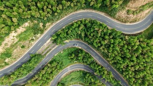 蜿蜒公路穿梭于翠绿山林