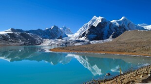 雪山下的澄澈蓝湖美景