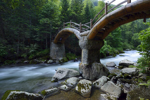 山间石桥横跨湍急溪流
