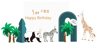 动物园动物与热带风生日背景墙