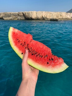 海边手拿西瓜的惬意瞬间